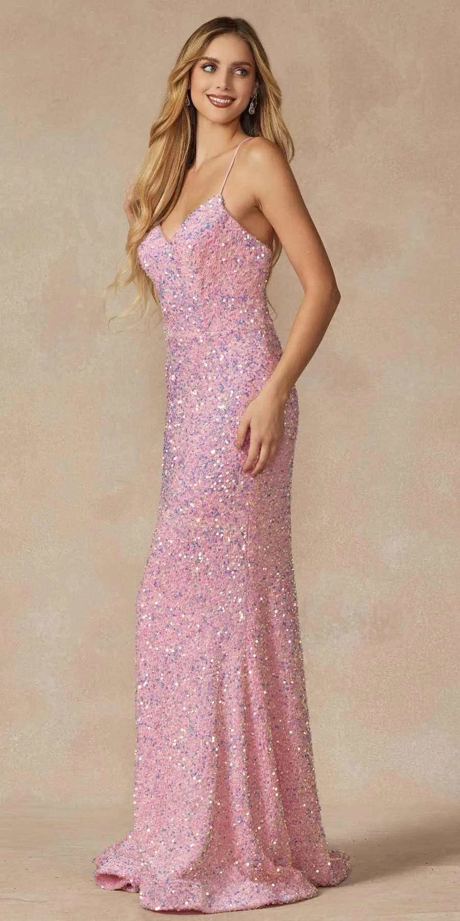 Juliet 2406 Velvet Sequin Fitted Gown V-Neckline Lace Up Back