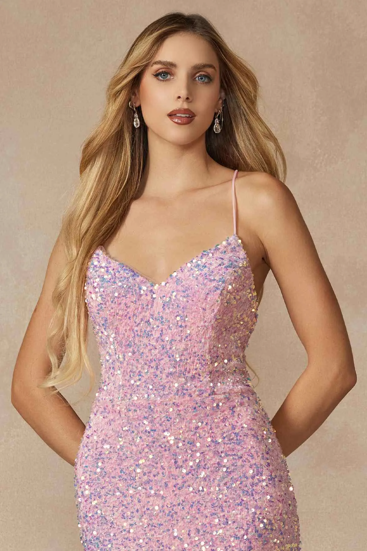 Juliet 2406 Velvet Sequin Fitted Gown V-Neckline Lace Up Back