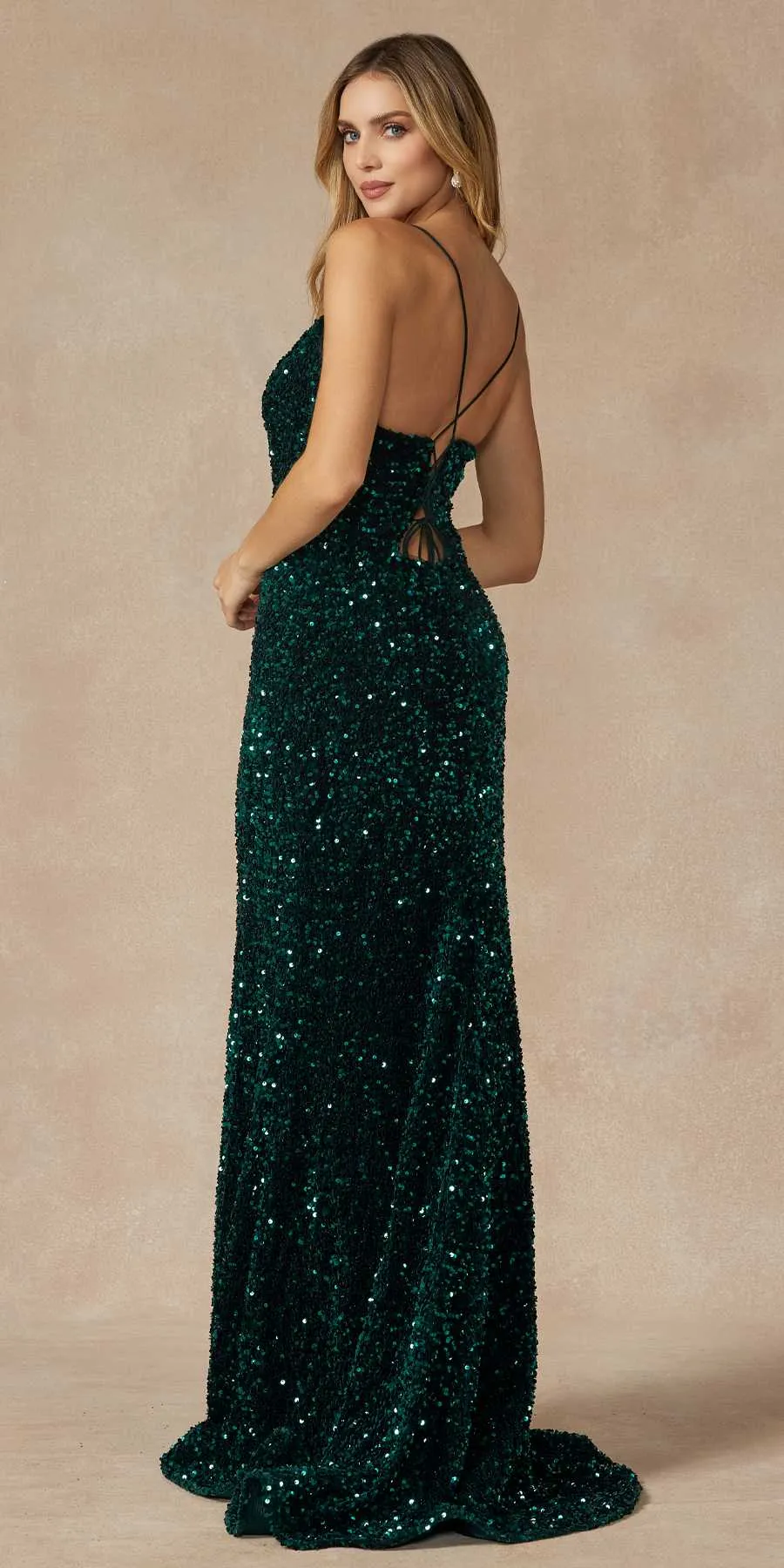 Juliet 2406 Velvet Sequin Fitted Gown V-Neckline Lace Up Back