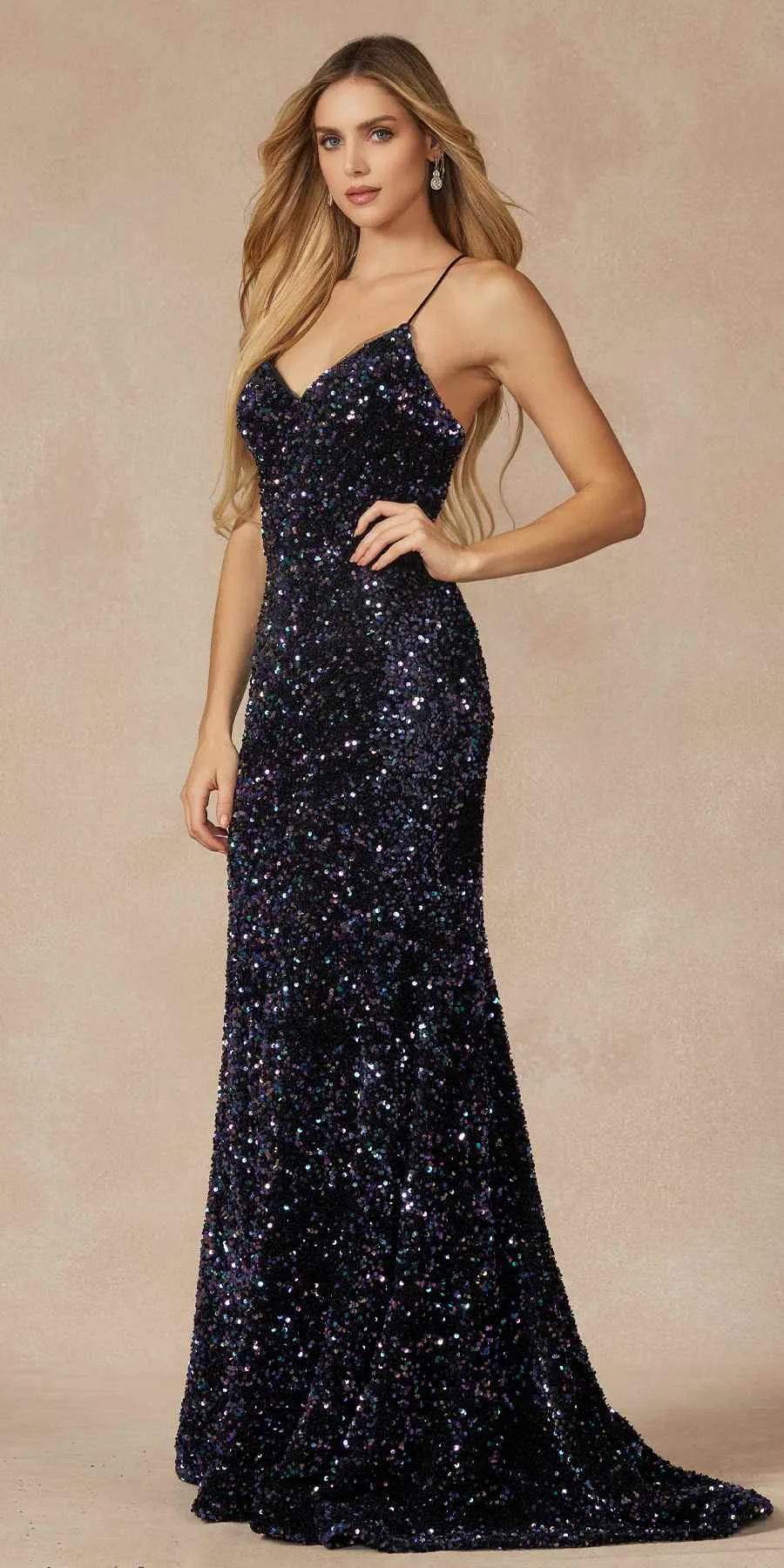 Juliet 2406 Velvet Sequin Fitted Gown V-Neckline Lace Up Back