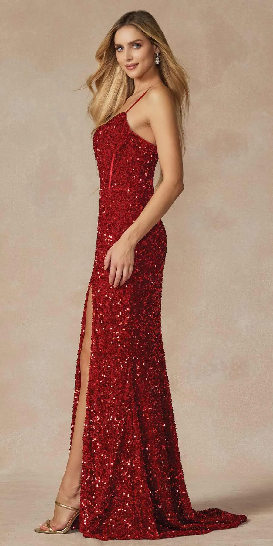 Juliet 2408 Floor Length Velvet Sequin Gown with Corset Bodice and Slit