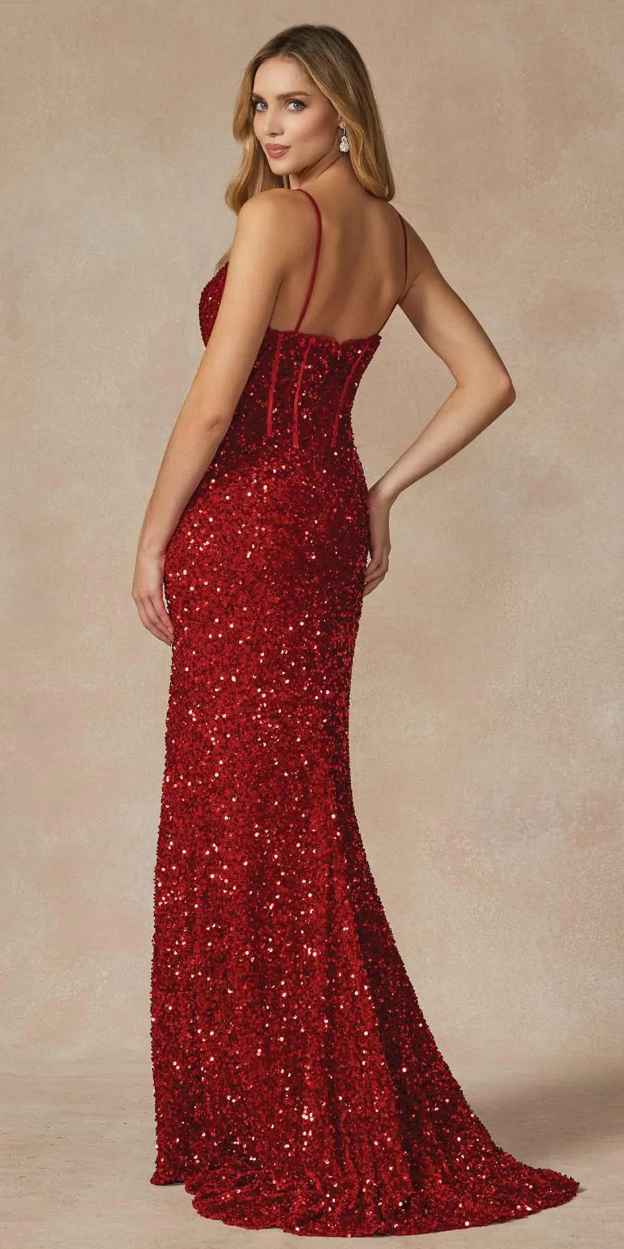 Juliet 2408 Floor Length Velvet Sequin Gown with Corset Bodice and Slit