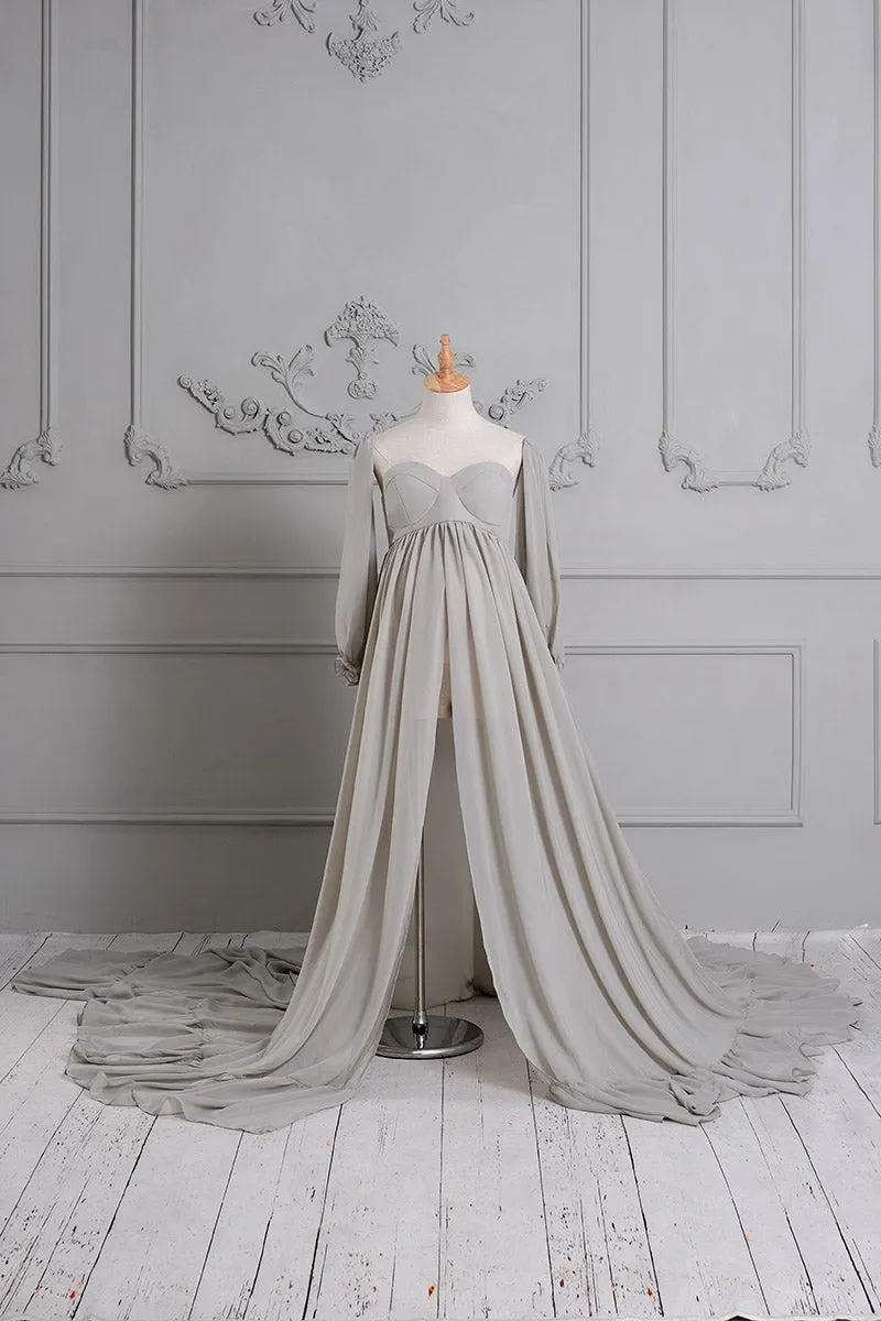 Kate Grey Long Sleeve Satin Maternity Photoshoot Dress