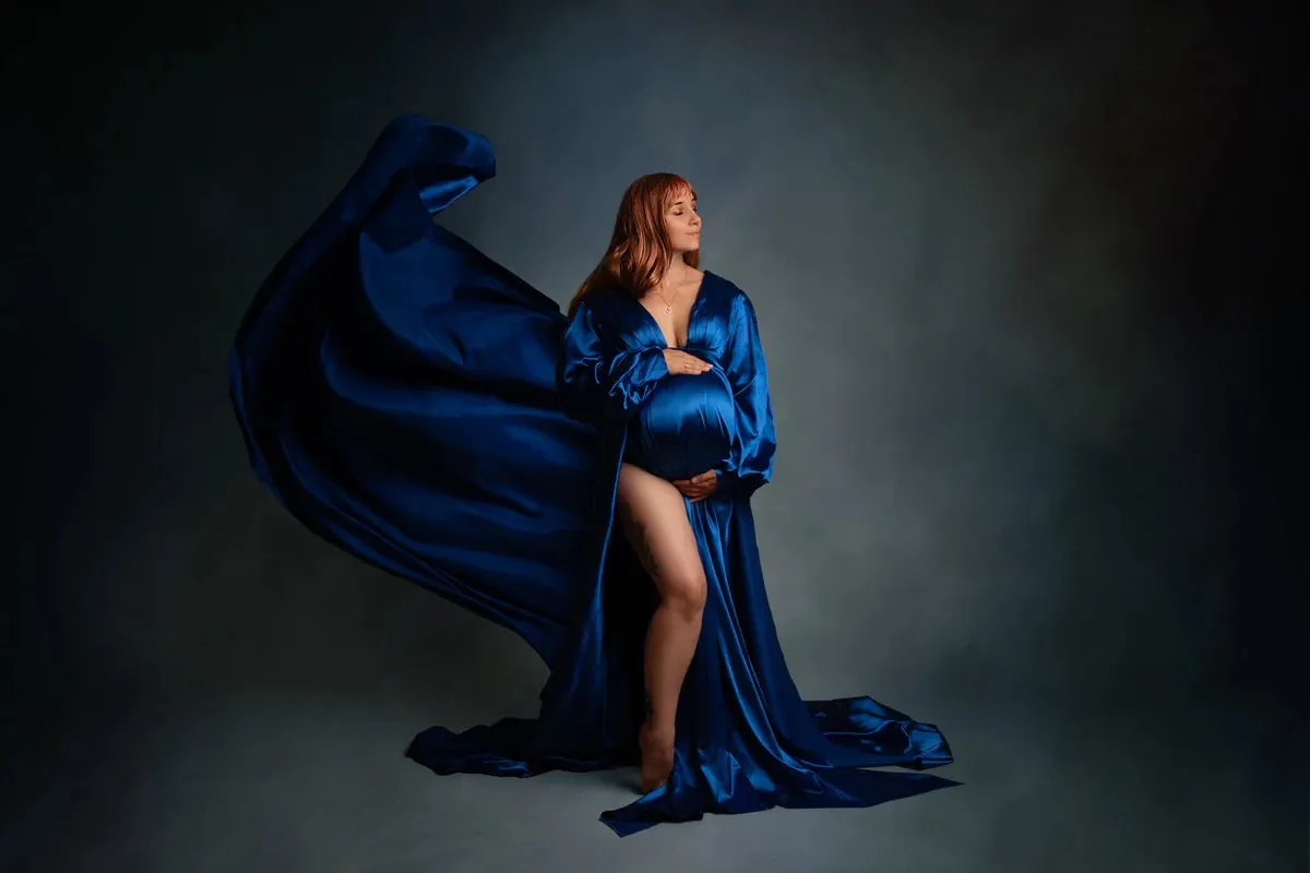Kate Long Sleeve Satin Blue Maternity Photoshoot Dress