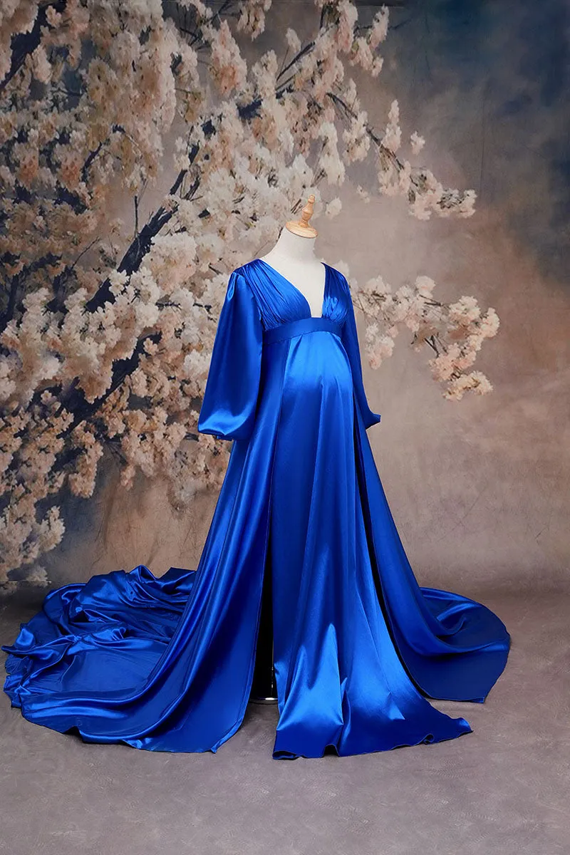 Kate Long Sleeve Satin Blue Maternity Photoshoot Dress