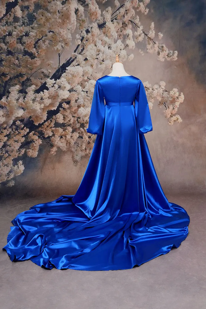 Kate Long Sleeve Satin Blue Maternity Photoshoot Dress