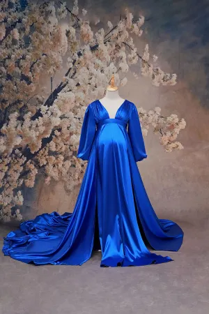 Kate Long Sleeve Satin Blue Maternity Photoshoot Dress