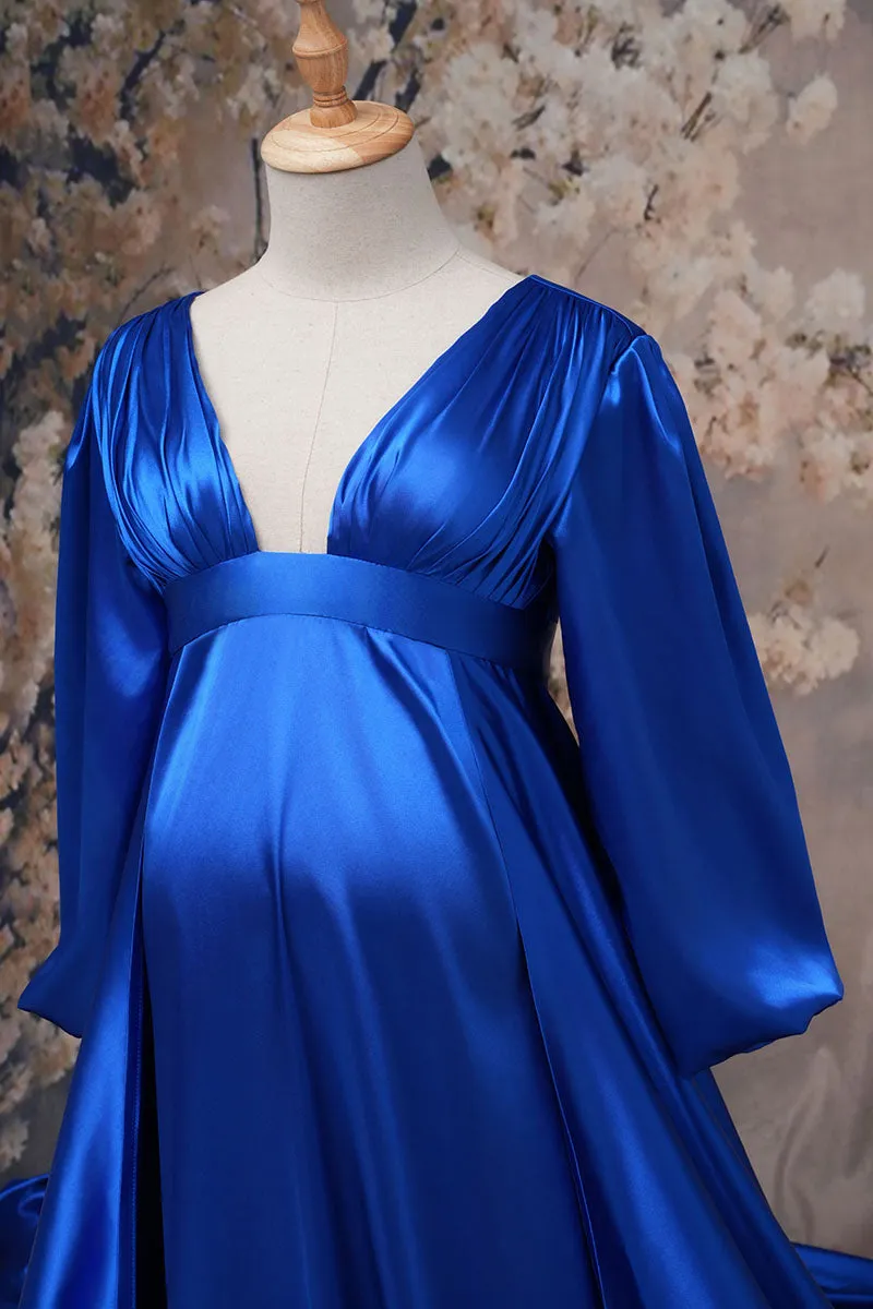 Kate Long Sleeve Satin Blue Maternity Photoshoot Dress