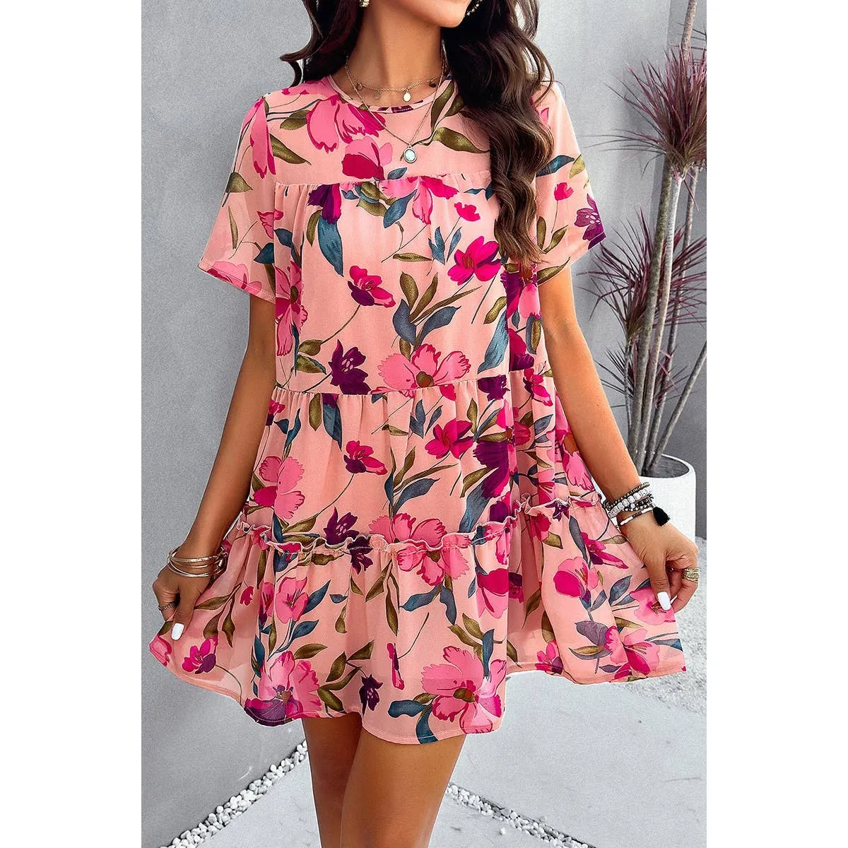 Knot Back Floral Lined Ruffle Loose Dress