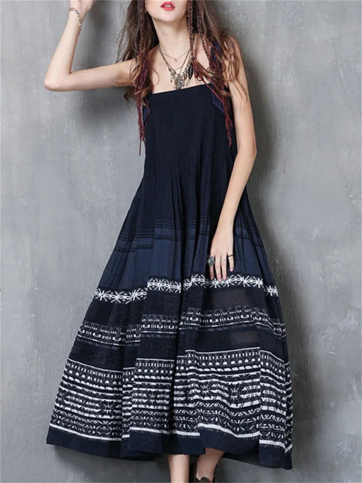 Ladies Bohemian Style Embroidery Sleeveless Pleated Swing Dress