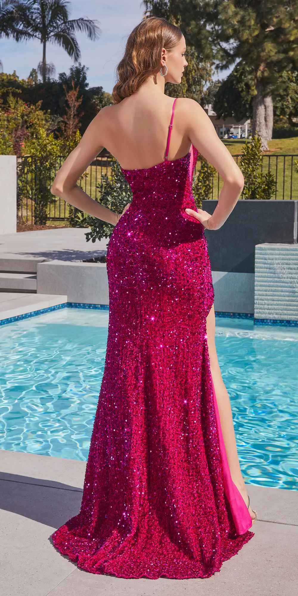 Ladivine CH111 Long One Shoulder Velvet Sequin Gown with Slit