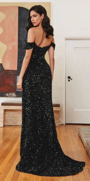 Ladivine CL03 Floor Length Off Shoulder Velvet Fitted Sequin Gown