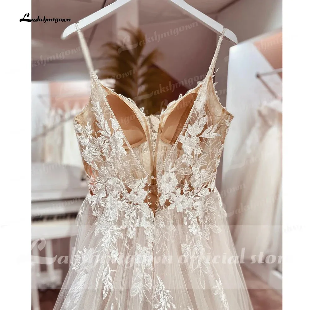 Lakshmigown Spaghetti Straps Lace Wedding Dress Open Back Civil Bridal Bohemian Wedding Gowns  Vestidos de Nova