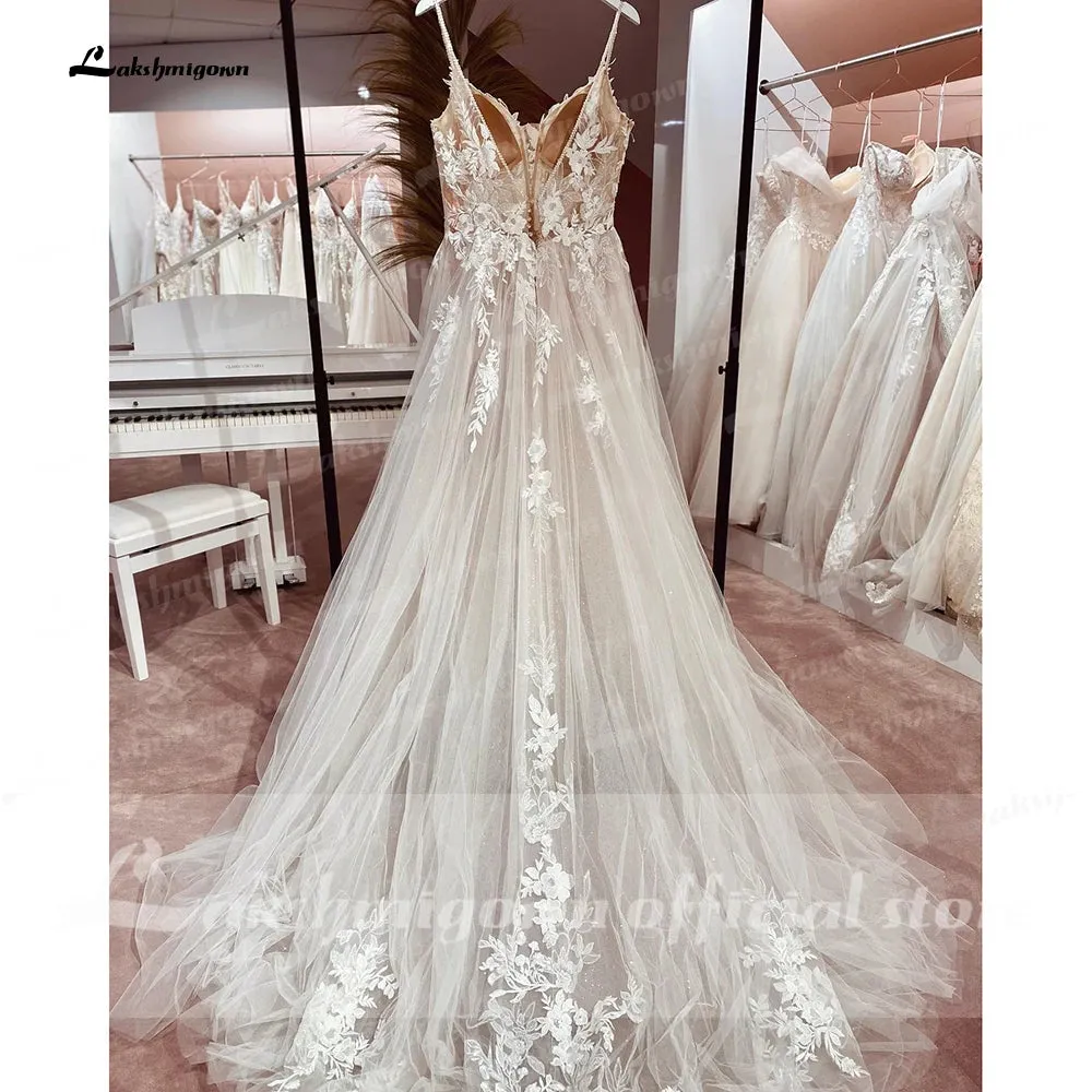 Lakshmigown Spaghetti Straps Lace Wedding Dress Open Back Civil Bridal Bohemian Wedding Gowns  Vestidos de Nova