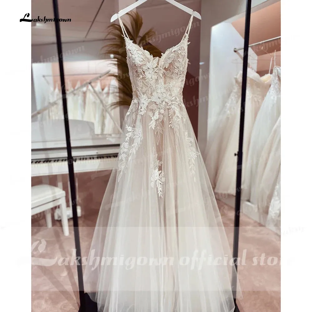 Lakshmigown Spaghetti Straps Lace Wedding Dress Open Back Civil Bridal Bohemian Wedding Gowns  Vestidos de Nova