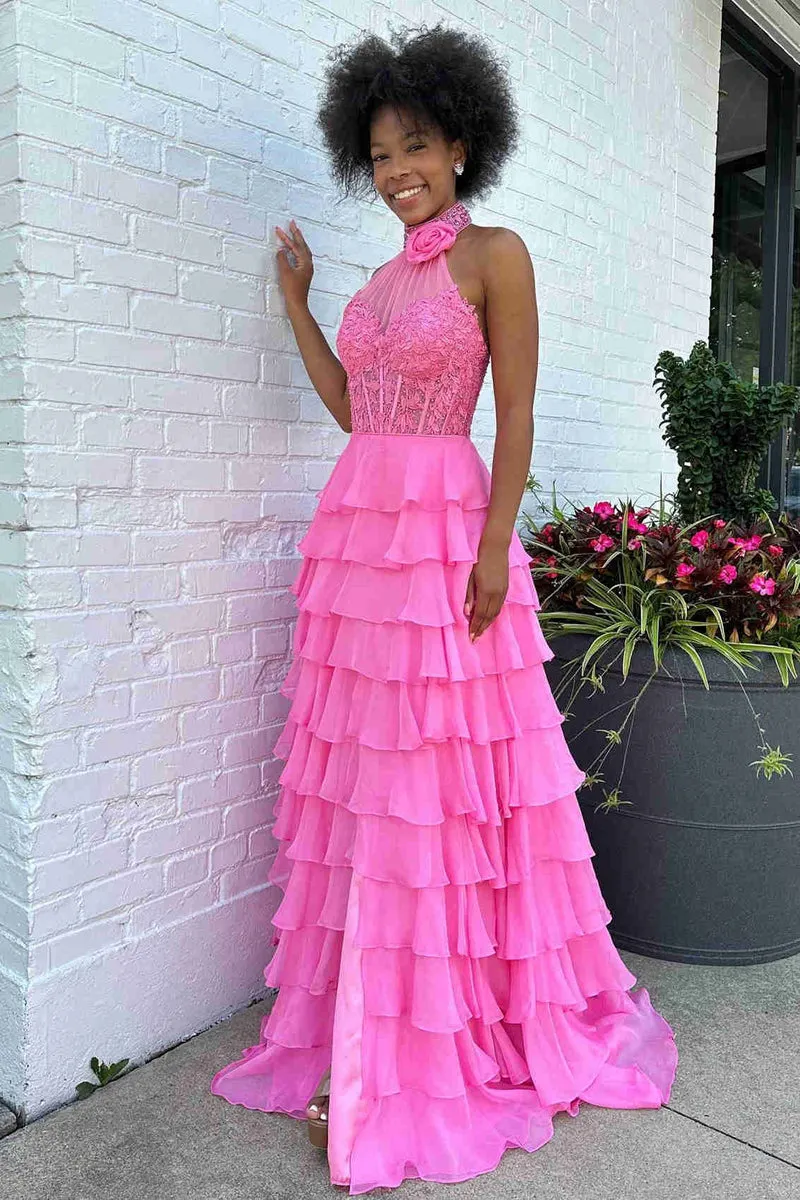 Lavender Long Tiered Violet Prom Dress Ruffle High Neck with 3D Flower