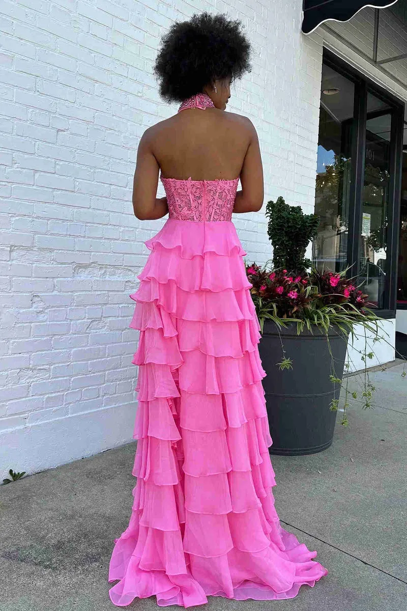 Lavender Long Tiered Violet Prom Dress Ruffle High Neck with 3D Flower