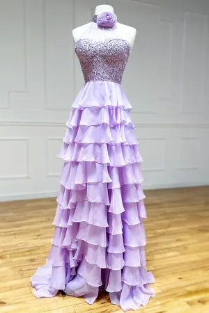 Lavender Long Tiered Violet Prom Dress Ruffle High Neck with 3D Flower