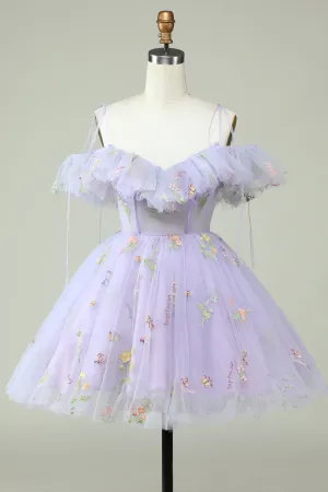 Lavender Off the Shoulder Corset Short Prom Dress with Ruffles