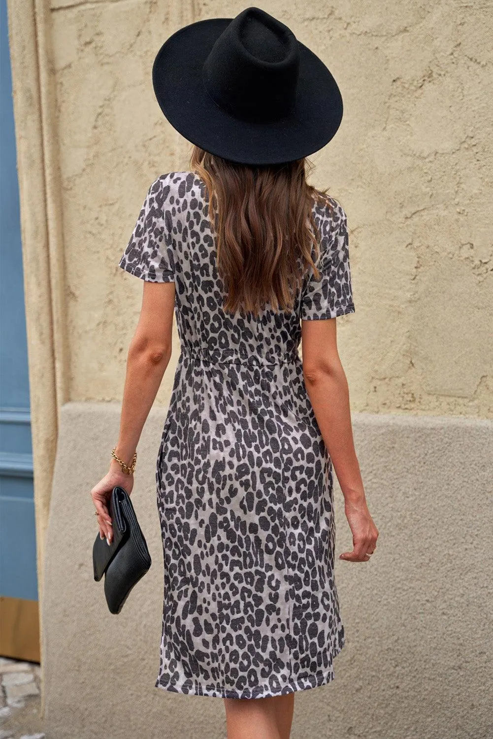 Leopard Print Drawstring Short Sleeve Dress