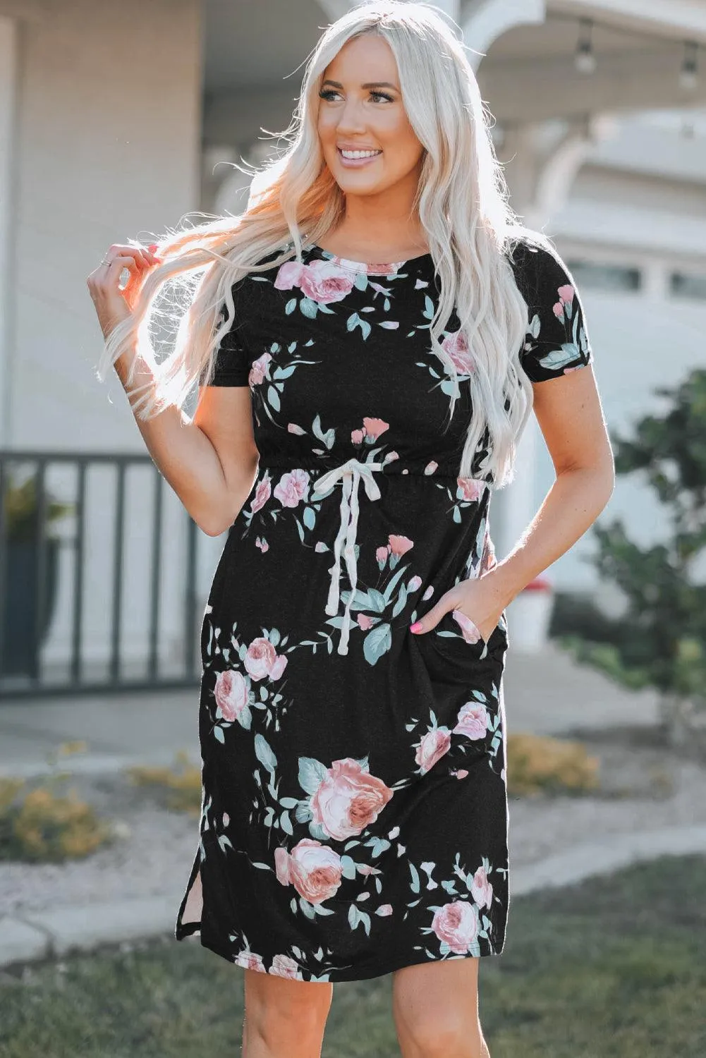 Leopard Print Drawstring Short Sleeve Dress