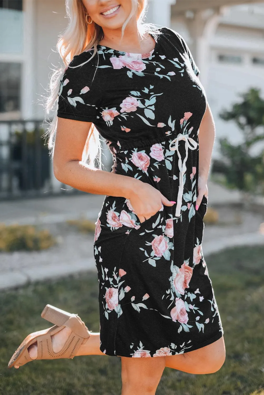 Leopard Print Drawstring Short Sleeve Dress