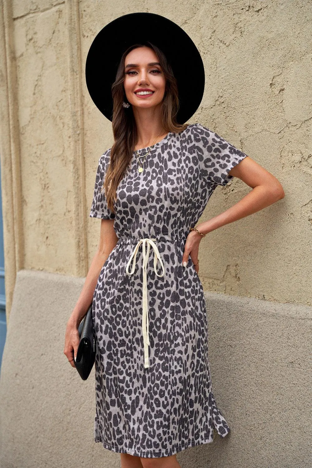 Leopard Print Drawstring Short Sleeve Dress