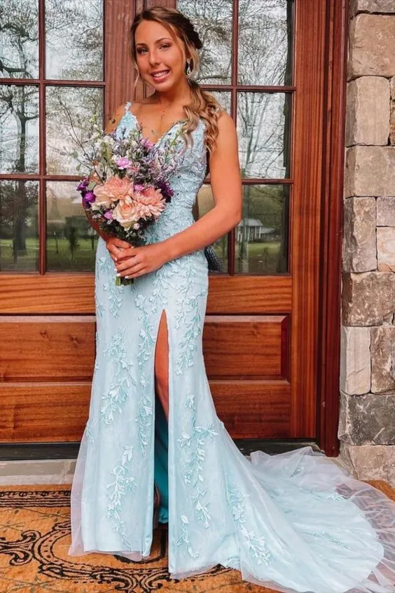 Light Blue Lace Graduation Dress Mermaid Long Formal Dress