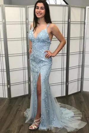 Light Blue Lace Graduation Dress Mermaid Long Formal Dress