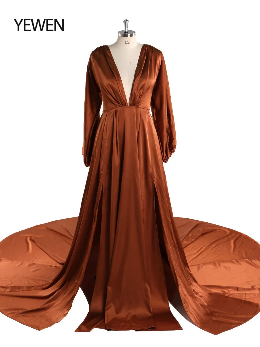 Light Silk Satin Prom Dress Bohemian Wedding Party Dress with Slit Photography Dress Maxi Woman Gown YEWEN YD22407