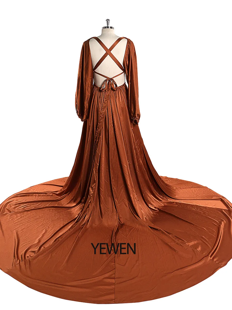 Light Silk Satin Prom Dress Bohemian Wedding Party Dress with Slit Photography Dress Maxi Woman Gown YEWEN YD22407