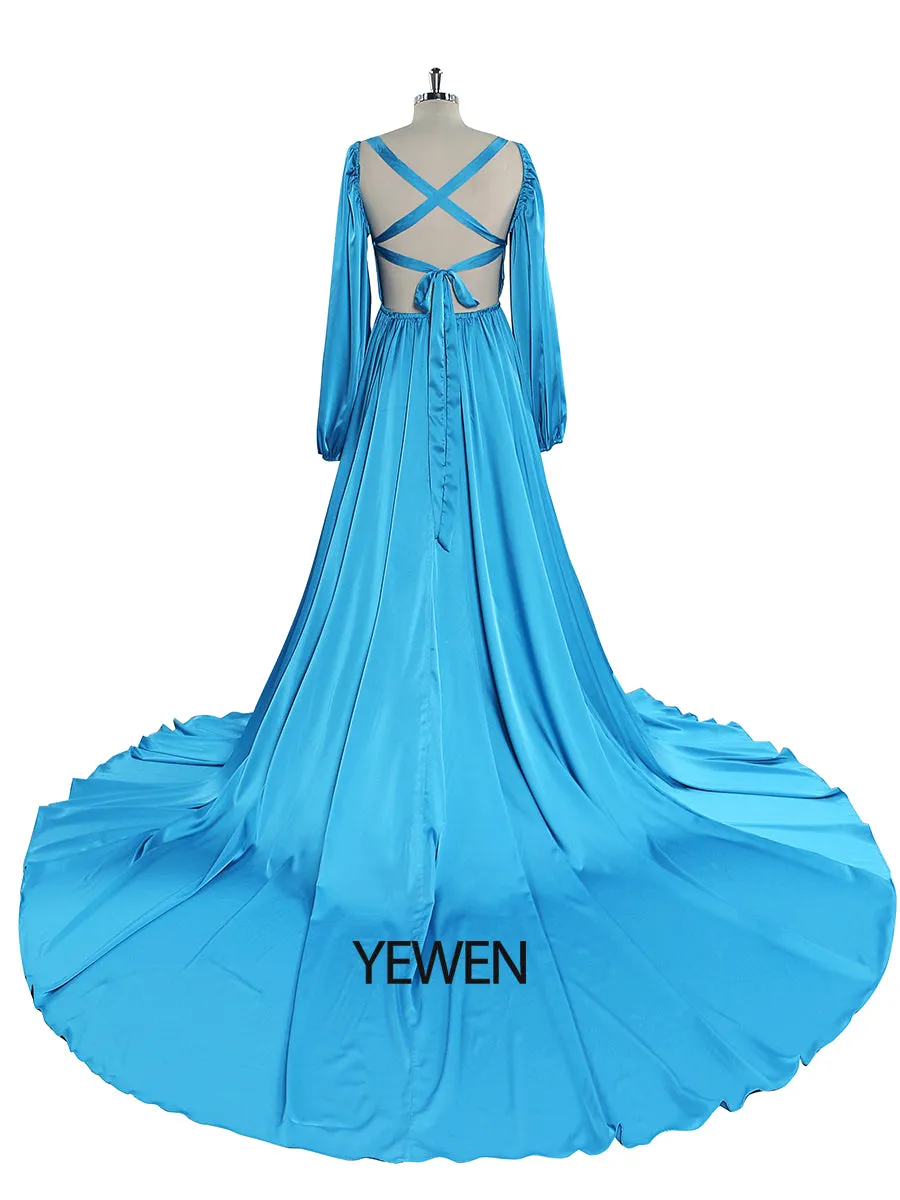 Light Silk Satin Prom Dress Bohemian Wedding Party Dress with Slit Photography Dress Maxi Woman Gown YEWEN YD22407