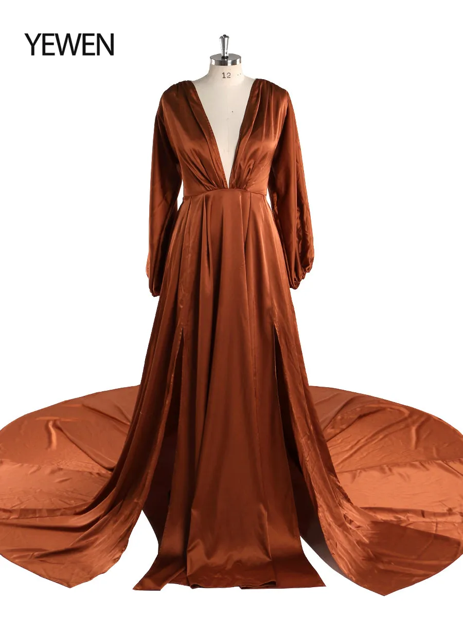 Light Silk Satin Prom Dress Bohemian Wedding Party Dress with Slit Photography Dress Maxi Woman Gown YEWEN YD22407