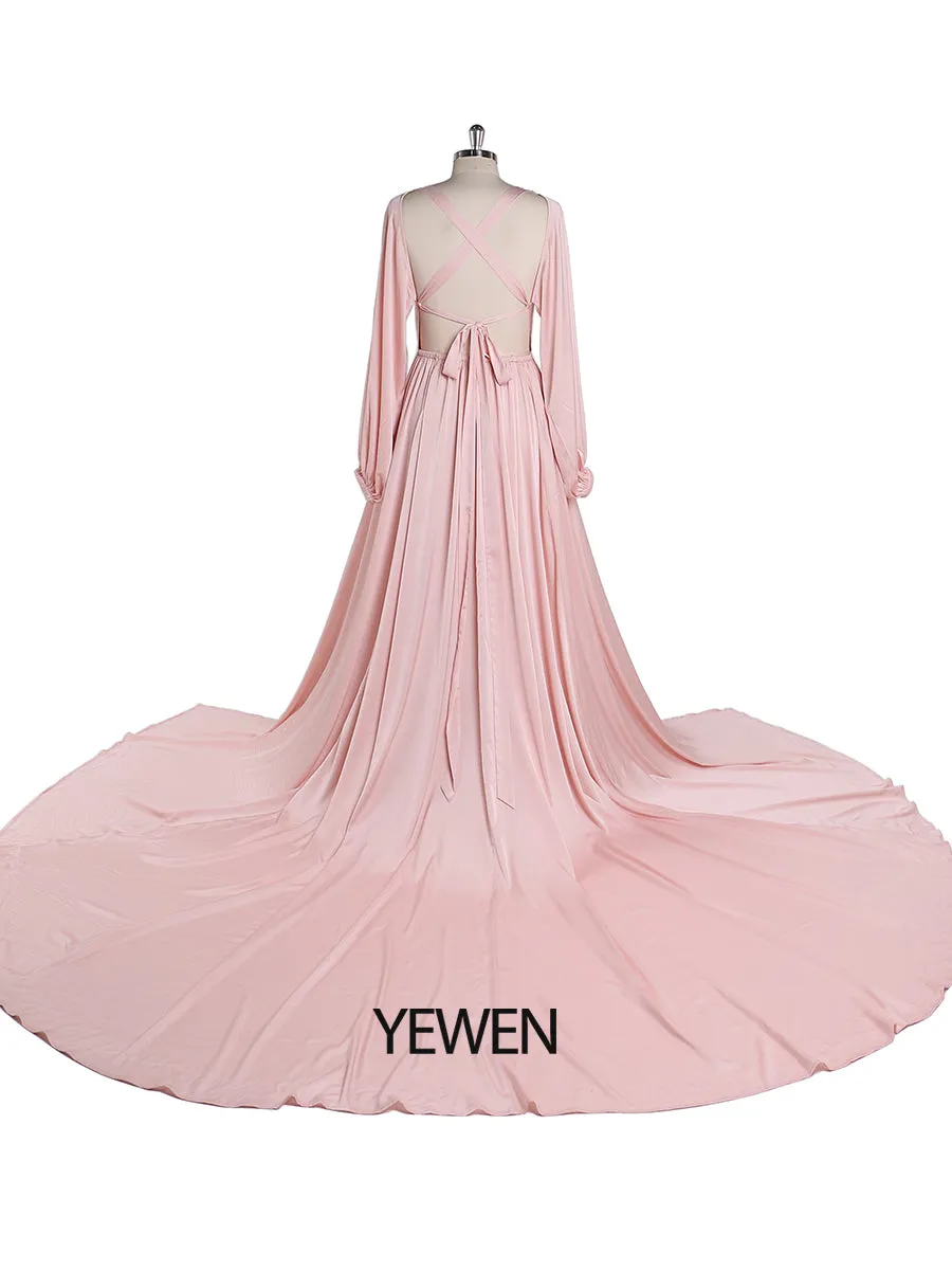 Light Silk Satin Prom Dress Bohemian Wedding Party Dress with Slit Photography Dress Maxi Woman Gown YEWEN YD22407