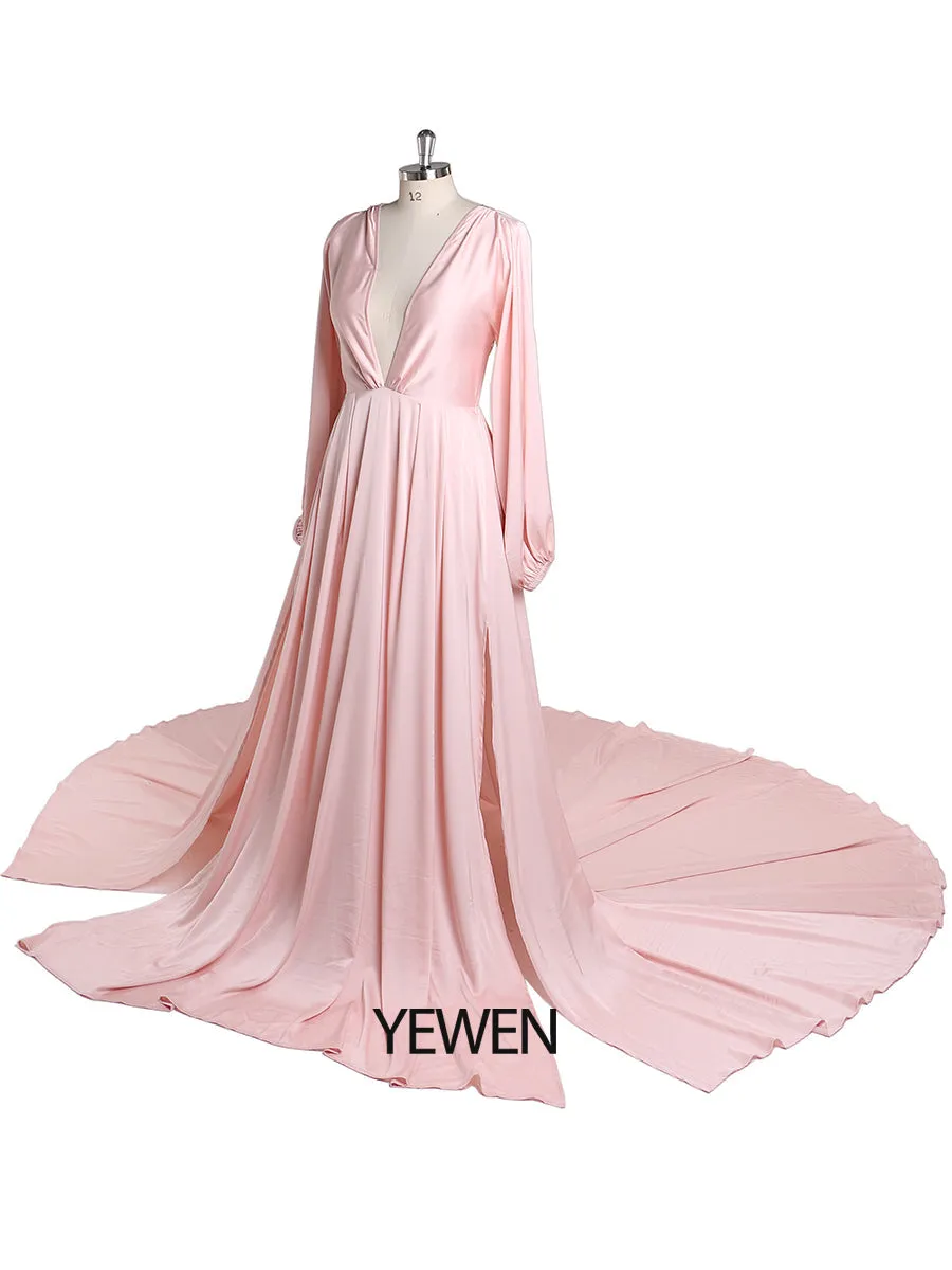 Light Silk Satin Prom Dress Bohemian Wedding Party Dress with Slit Photography Dress Maxi Woman Gown YEWEN YD22407