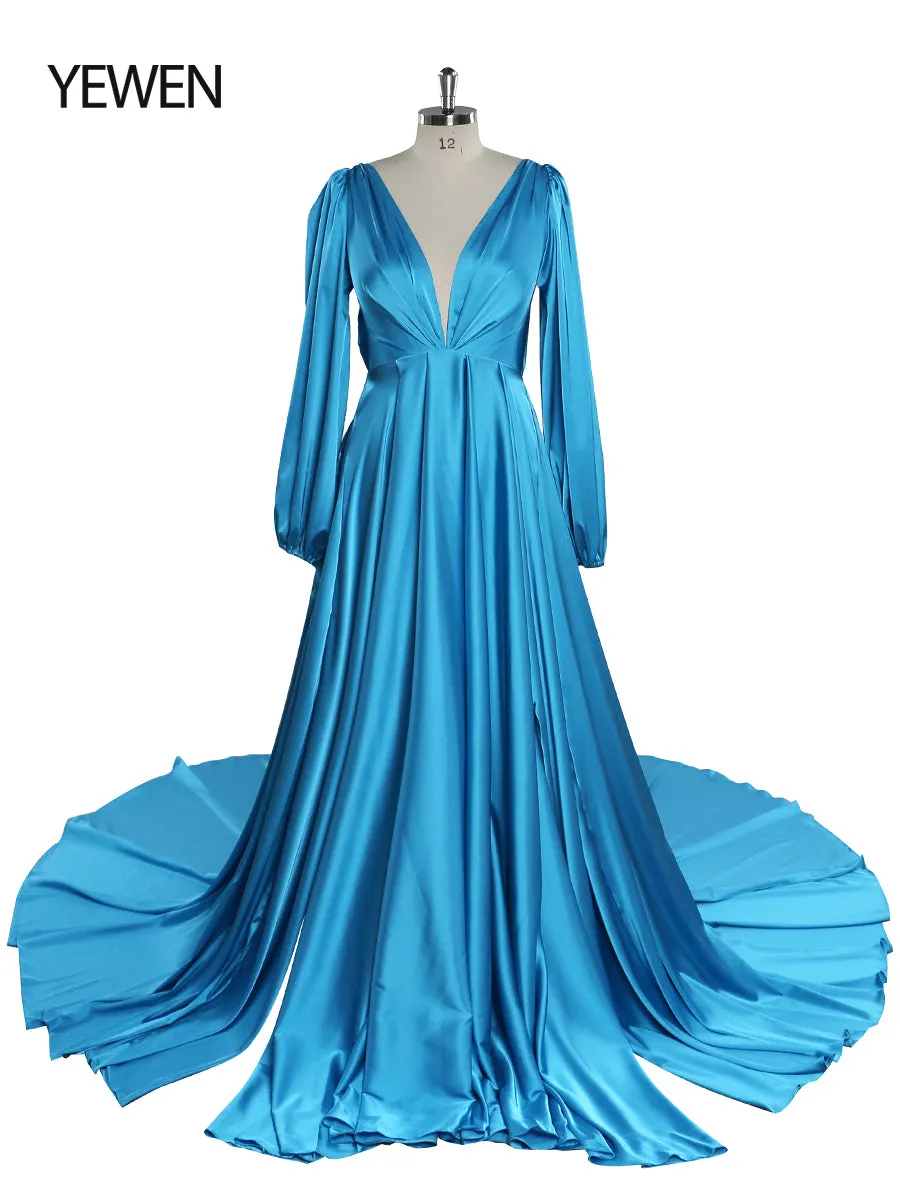 Light Silk Satin Prom Dress Bohemian Wedding Party Dress with Slit Photography Dress Maxi Woman Gown YEWEN YD22407