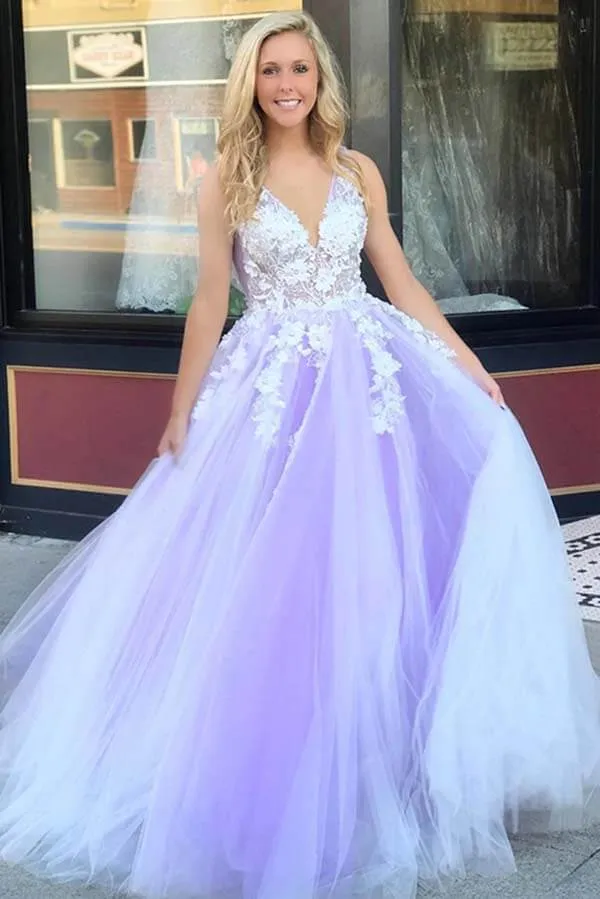 Lilac Tulle Lace A-line V-neck Open Back Prom Dresses, Long Formal Dress, MP688