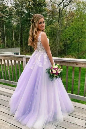 Lilac Tulle Lace A-line V-neck Open Back Prom Dresses, Long Formal Dress, MP688