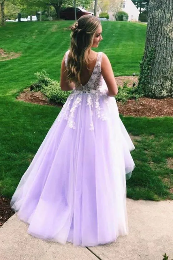 Lilac Tulle Lace A-line V-neck Open Back Prom Dresses, Long Formal Dress, MP688