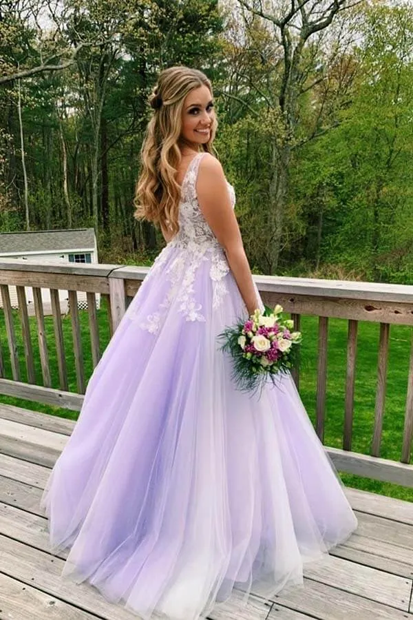 Lilac Tulle Lace A-line V-neck Open Back Prom Dresses, Long Formal Dress, MP688