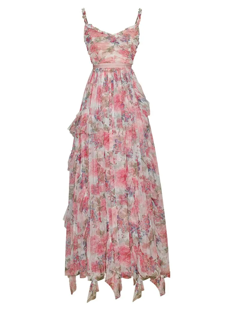 Lilian Mesh  Spaghetti Strap Floral print Elegant Maxi Party Dress