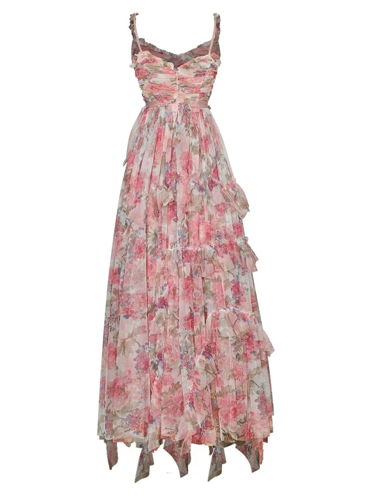 Lilian Mesh  Spaghetti Strap Floral print Elegant Maxi Party Dress