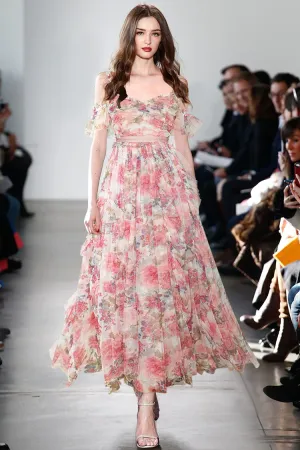 Lilian Mesh  Spaghetti Strap Floral print Elegant Maxi Party Dress