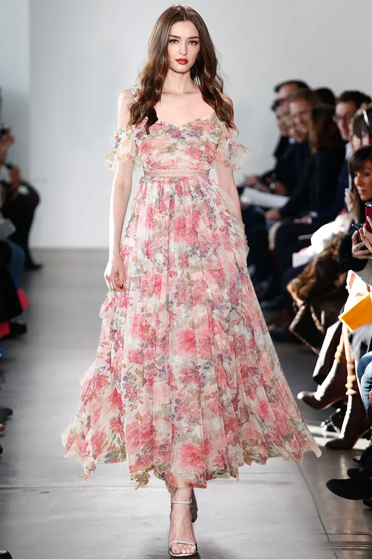 Lilian Mesh  Spaghetti Strap Floral print Elegant Maxi Party Dress