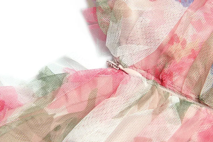 Lilian Mesh  Spaghetti Strap Floral print Elegant Maxi Party Dress