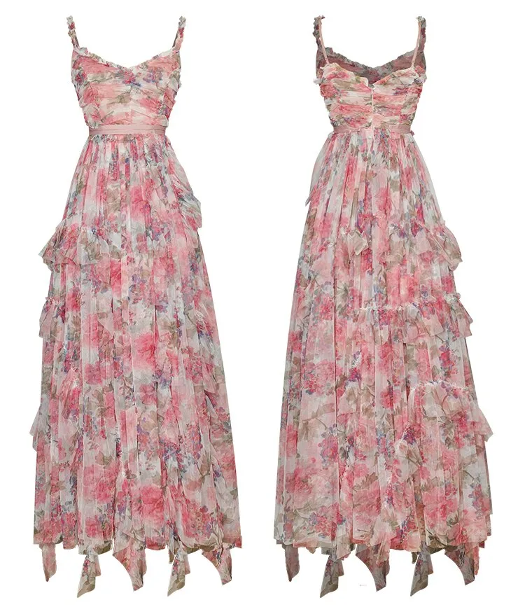 Lilian Mesh  Spaghetti Strap Floral print Elegant Maxi Party Dress