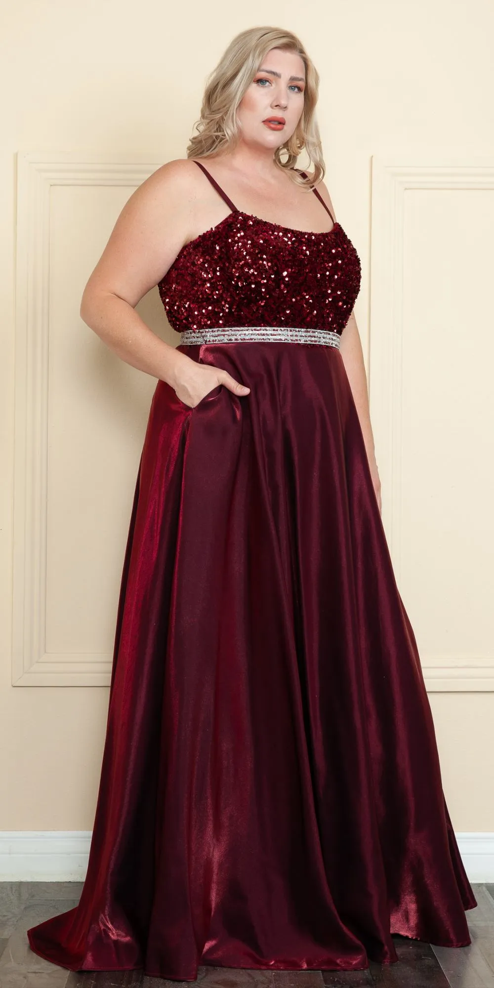 Lindas W1018 Floor Length Rhinestone Belt Detail Sequin Top Dress with Pockets