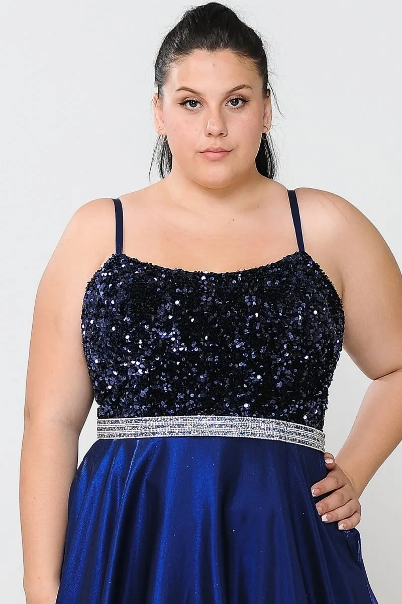 Lindas W1018 Floor Length Rhinestone Belt Detail Sequin Top Dress with Pockets
