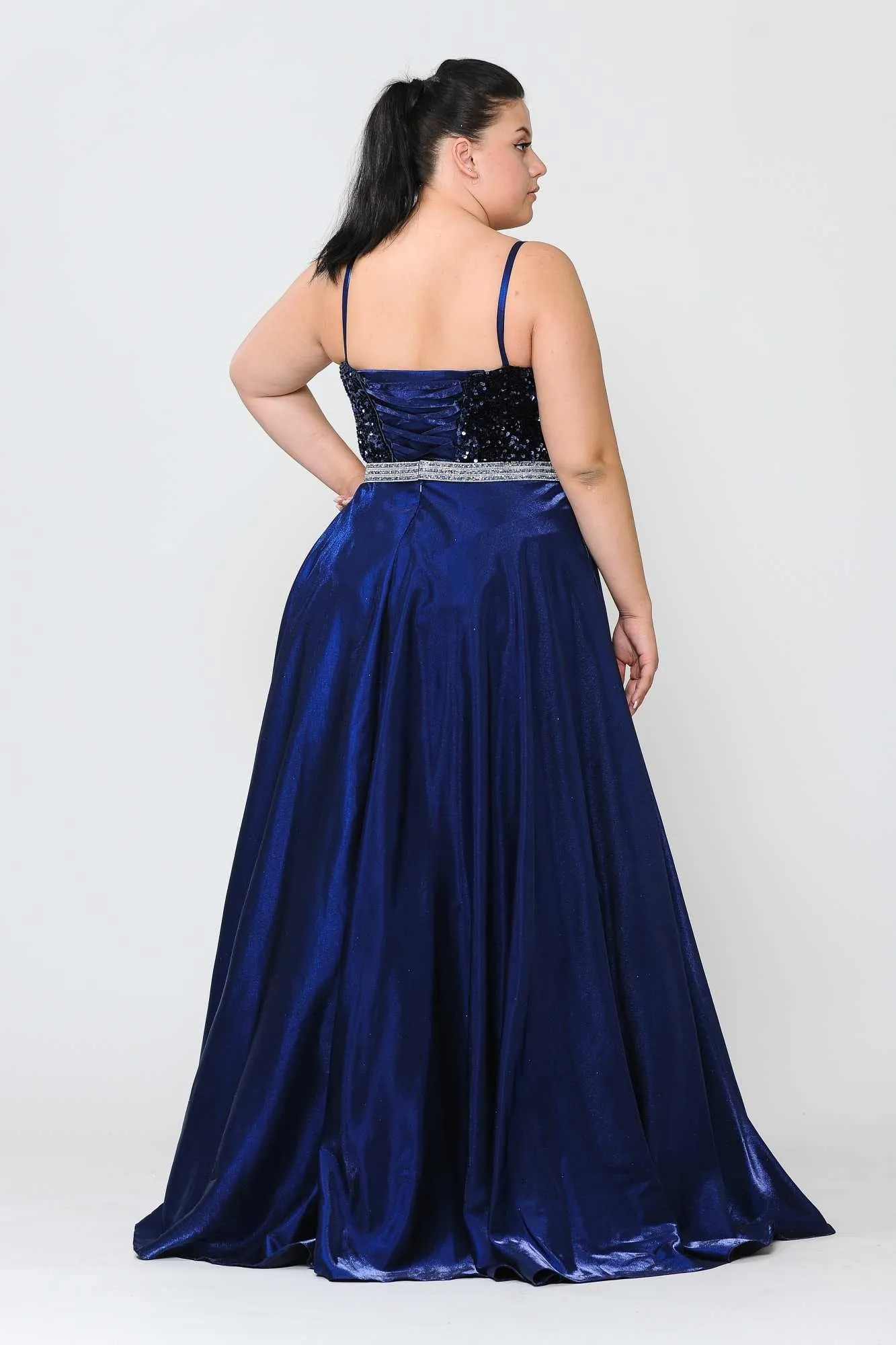 Lindas W1018 Floor Length Rhinestone Belt Detail Sequin Top Dress with Pockets