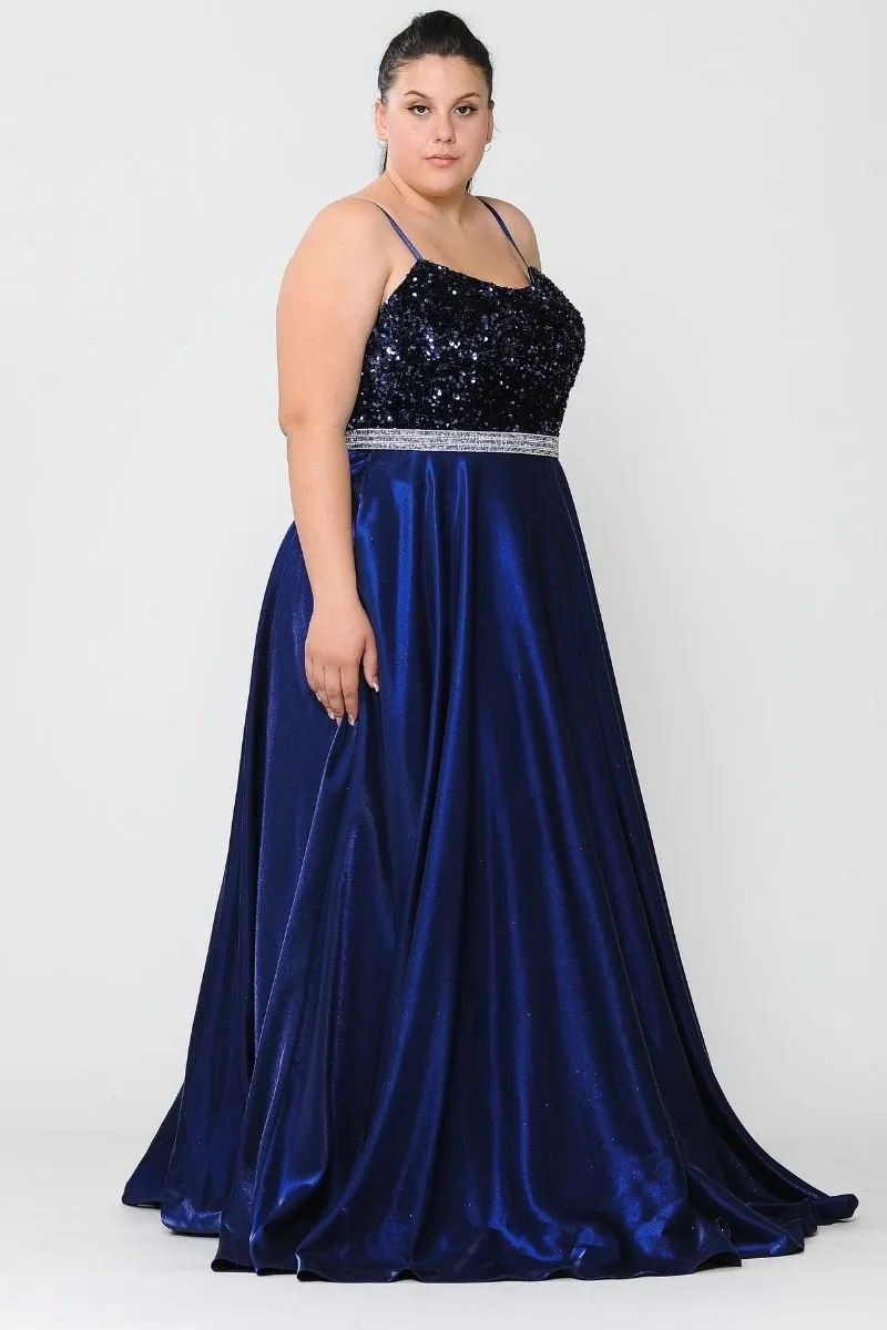 Lindas W1018 Floor Length Rhinestone Belt Detail Sequin Top Dress with Pockets